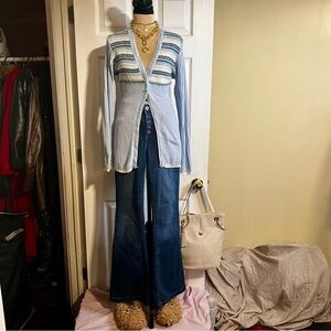 Vintage Y2K Cotton Angora Baby Blue Striped Knit Babydoll Cardigan S